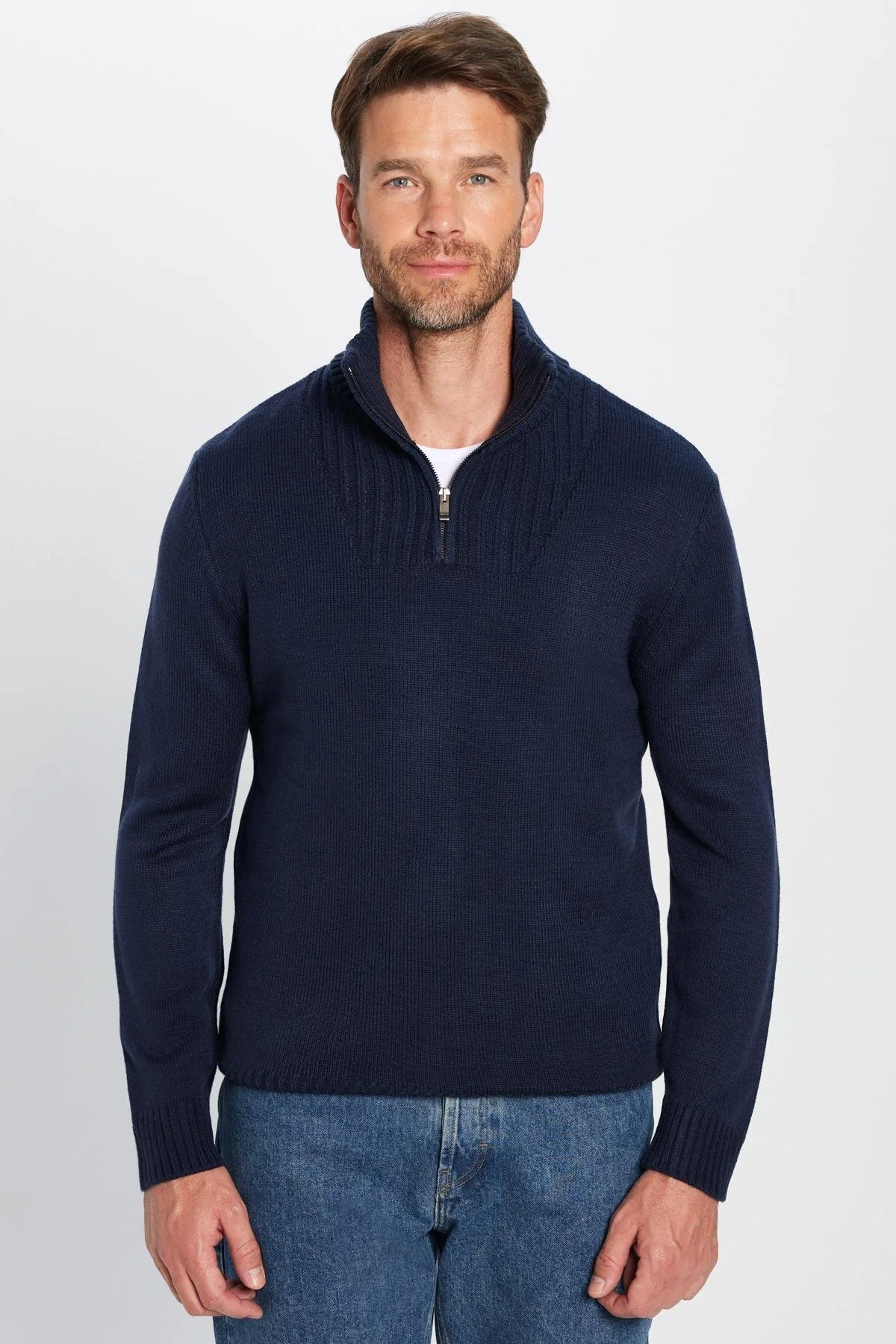 Erkek Yarım Fermuarlı Kadife Görünümlü Triko 